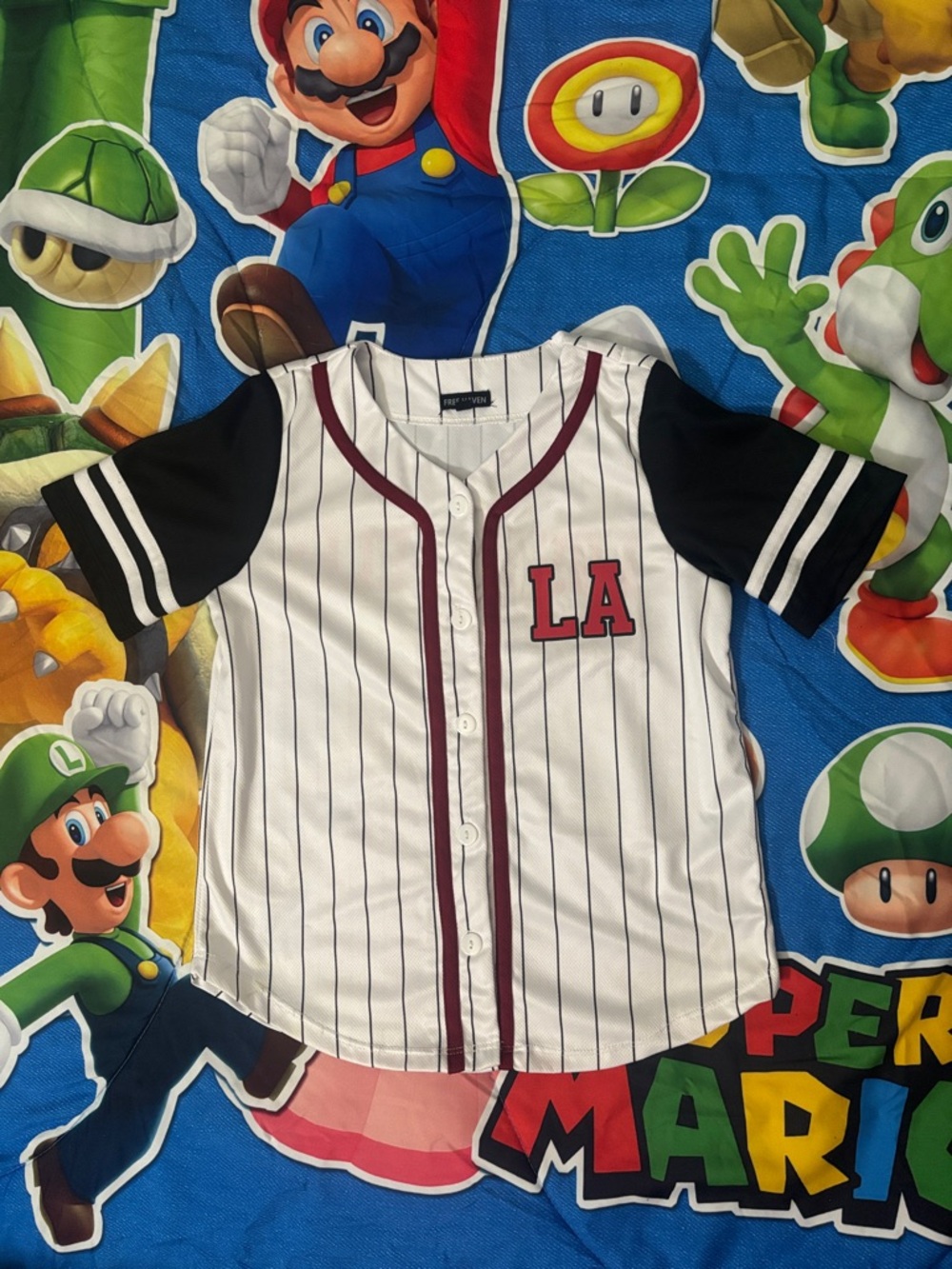 White Pinstripe Kids Baseball Jersey with Black Sleeves